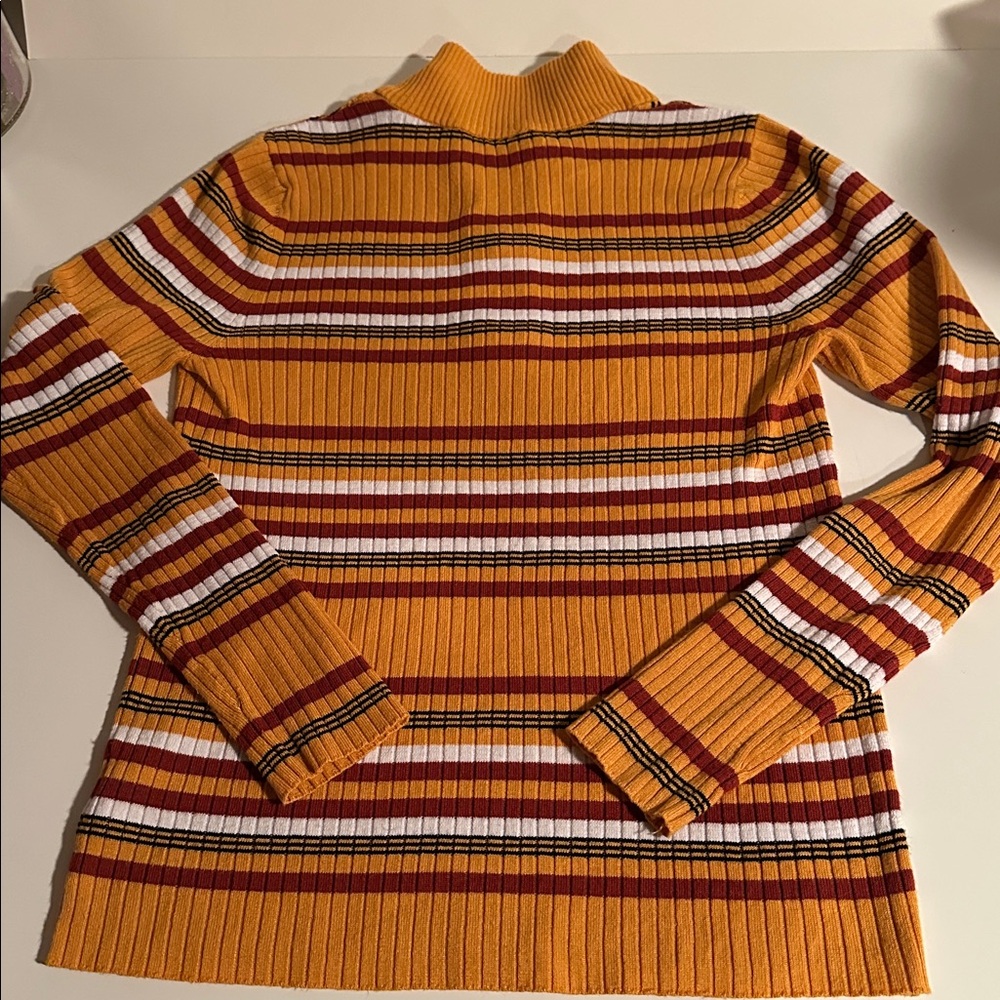 Striped Ribbed Quarter Zip Mock Neck Sweater Retro 70s Sun Devil colors! Size L - Picture 4 of 4